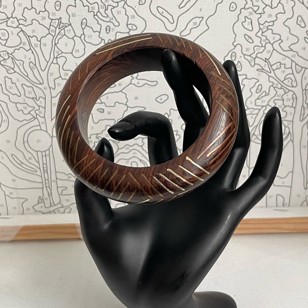 Wooden Bangle with Copper Brass & Silver Inlay 2.6” Diameter